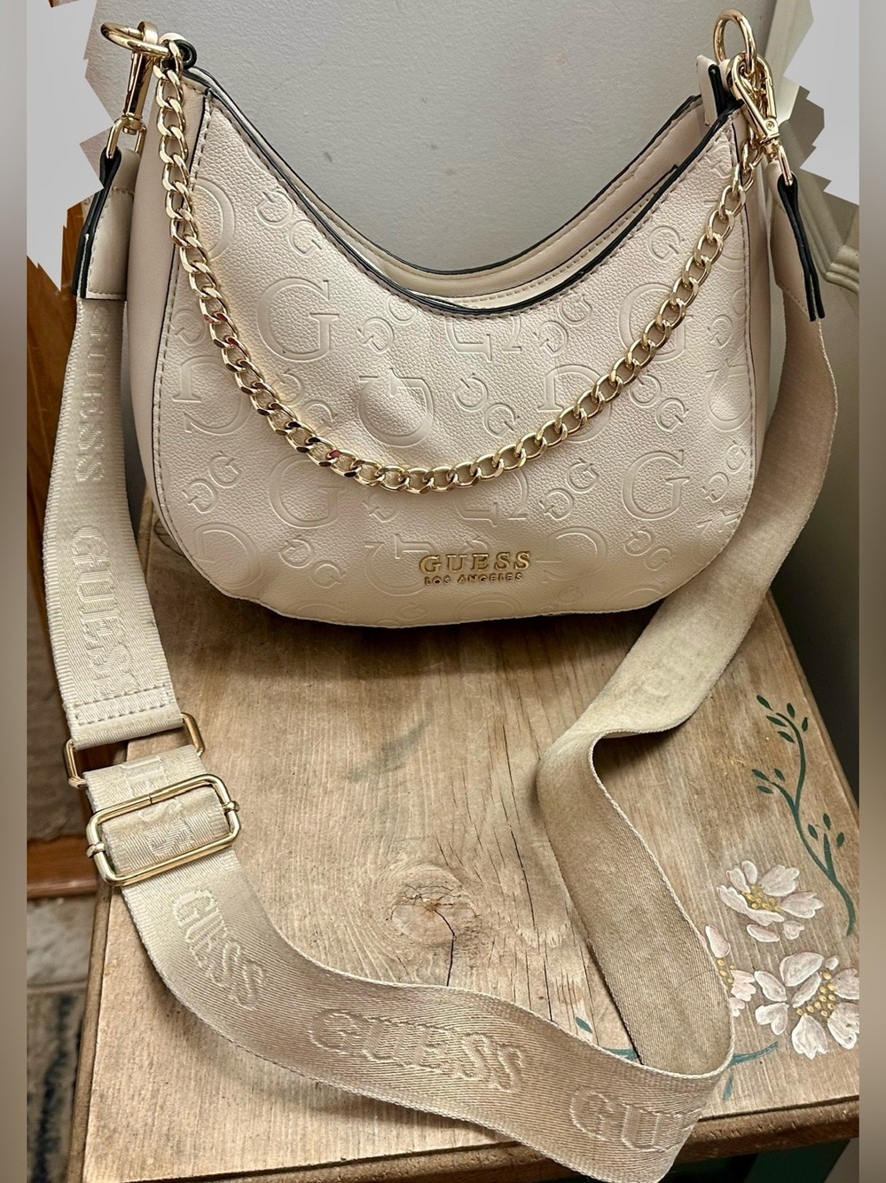 GUESS Cream Embossed Shoulder Bag with Gold Chain Accent